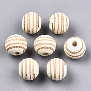 Painted Natural Wood Beads, Laser Engraved Pattern, Round with Zebra-Stripe, Light Yellow, 10x8.5mm, Hole: 2.5mm(WOOD-T021-54A-12)