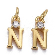 Brass Micro Pave Clear Cubic Zirconia Pendants, with Jump Rings, Real 18K Gold Plated, Long-Lasting Plated, Letter, Letter.N, 9.5x4.5x2mm(ZIRC-Z011-35N)