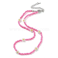 Glass Flower Beaded Necklace, Hot Pink, 15.91 inch(40.4cm)(NJEW-Z029-03C)