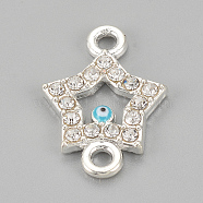 Alloy Rhinestone Links connectors, Cadmium Free & Lead Free, Star with Evil Eye, Sky Blue, Silver Color Plated, 19x13.5x2mm, Hole: 2mm(X-ALRI-S170-19S)