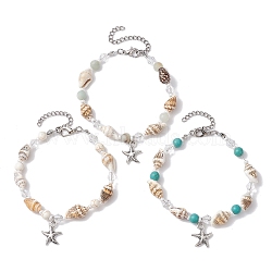 3Pcs 3 Style Alloy Starfish Charm Bracelets Set, with Natural & Synthetic Mixed Gemstone & Shell Beaded, 7-1/4 inch(18.5cm), 1Pc/style(BJEW-JB10090)