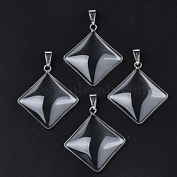 Brass Glass Pendants, with Iron Snap on Bails, Rhombus, Platinum, Clear, 46.5x41x6.5mm, Hole: 10mm(GLAA-S199-001)