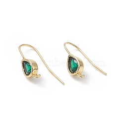 Real 18K Gold Plated Brass Earring Hooks, with Cubic Zirconia and Vertical Loops, Teardrop, Cadmium Free & Nickel Free & Lead Free, Green, 24~25mm, Pendant: 11x6mm, Hole: 1.2mm, 20 Gauge, Pin: 0.8mm(KK-B060-07G-04)