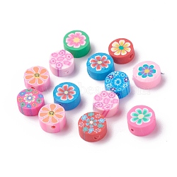 Handmade Polymer Clay Beads, Flat Round with Flower, Mixed Color, 9.5~10x4.5~5mm, Hole: 1.6mm(CLAY-I010-07)