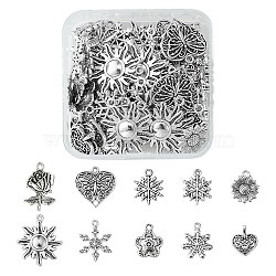 60Pcs 10 Styles Tibetan Style Alloy Pendants, Flower/Heart/Snowflake, Cadmium Free & Lead Free, Antique Silver, 18~28.5x15.5~23x2~2.5mm, Hole: 1.5~ 2mm, 6pcs/style(FIND-FS0002-30)