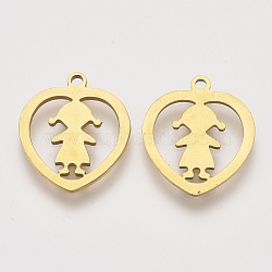 201 Stainless Steel Pendants, Laser Cut Pendants, Heart with Girl, Golden, 18x15x1mm, Hole: 1.4mm(STAS-S110-067G)