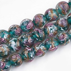 Handmade Gold Sand Lampwork Beads, Inner Flower, Round, Dark Cyan, 10~10.5x9~10mm, Hole: 1.5~2mm(LAMP-T006-09D)