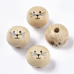 Natural Wood European Beads, Waxed and Printed, Undyed, Large Hole Beads, Round, Cat Pattern, Navajo White, 19~20mm, Hole: 5mm(X1-WOOD-S055-16A)