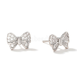 Brass Bowknot Stud Earrings, with Clear Cubic Zirconia, Silver, 8x12mm(YM2609-1)