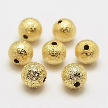 Brass Textured Beads, Round, Cadmium Free & Nickel Free & Lead Free, Real 18K Gold Plated, 8x7.8mm, Hole: 2mm