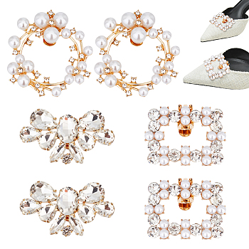 Elite 6Pcs 3 Style Plastic Imitation Pearl Shoe Decoration, Detachable Shoe Buckle Clips, with Alloy Findings and Crystal Rhinestone, Wreath & Rectangle & Flower, Golden, 36.5~56x40~59.5x12~15mm, 2pcs/style