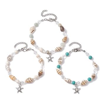 3Pcs 3 Style Alloy Starfish Charm Bracelets Set, with Natural & Synthetic Mixed Gemstone & Shell Beaded, 7-1/4 inch(18.5cm), 1Pc/style