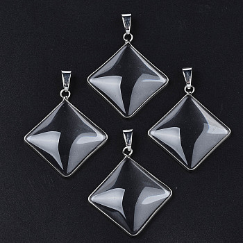 Brass Glass Pendants, with Iron Snap on Bails, Rhombus, Platinum, Clear, 46.5x41x6.5mm, Hole: 10mm