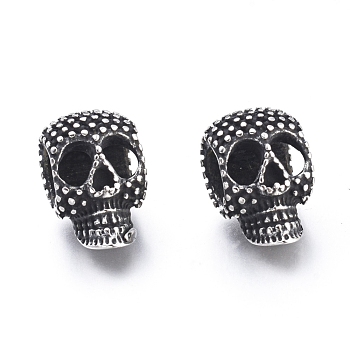 Halloween 304 Stainless Steel European Beads, Large Hole Beads, Skull Head, Antique Silver, 16x10x11mm, Hole: 6mm