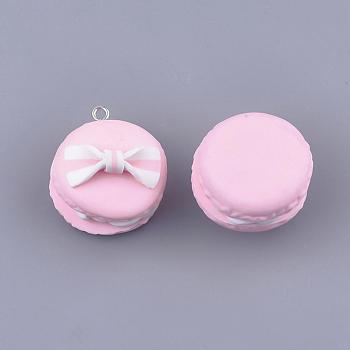 Handmade Polymer Clay Pendants, Macarons with Bowknot, Pink, 28~30x25~26x16~21mm, Hole: 2mm