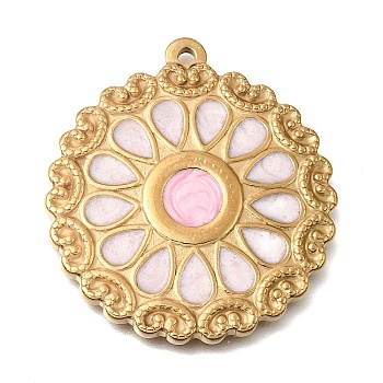 304 Stainless Steel Enamel Pendants, Flower Charms, Golden, Pink, 42x38x3.5mm, Hole: 2mm