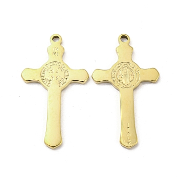304 Stainless Steel Pendants, Cross Charms, Religion, Real 14K Gold Plated, 38x21.5x2mm, Hole: 2mm