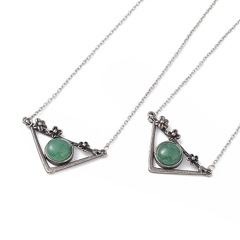 Natural Green Aventurine Triangle with Flower Pendant Necklace, Antique Silver & Platinum Brass Jewelry for Women, Cadmium Free & Lead Free, 19.76 inch(50.2cm)