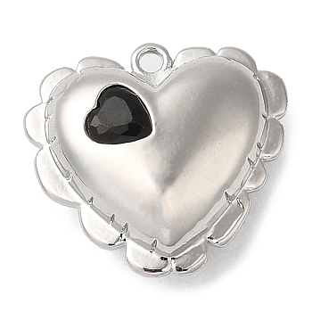 Brass Pendants, with Glass, Nickel Free, Heart Charms, Real Platinum Plated, Black, 15.5x16.5x6.5mm, Hole: 1.2mm