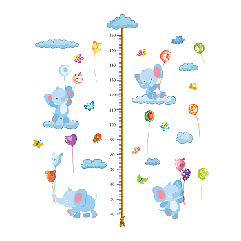 PVC Height Growth Chart Wall Sticker, Elephant Animal with 40 to 160 cm Measurement, for Kid Room Bedroom Wallpaper Decoration, Sky Blue, 900x390x3mm, 3pcs/set