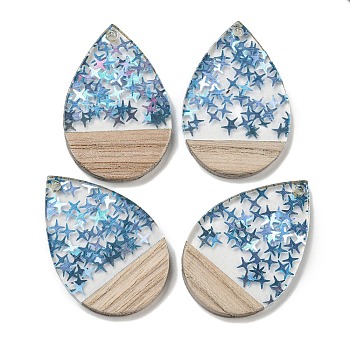 Wooden Pendants, Resin and Gold Foil, Teardrop, Deep Sky Blue, 37x25x4mm, Hole: 2mm