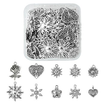 60Pcs 10 Styles Tibetan Style Alloy Pendants, Flower/Heart/Snowflake, Cadmium Free & Lead Free, Antique Silver, 18~28.5x15.5~23x2~2.5mm, Hole: 1.5~ 2mm, 6pcs/style