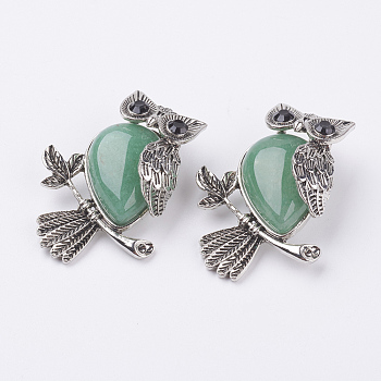 Natural Green Aventurine Pendants, with Alloy Finding, Owl, Antique Silver, 46.5x35.5x11.5mm, Hole: 6x8.5mm