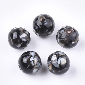 Resin Beads, with Shell, Round, Black, 14x13~14mm, Hole: 2mm