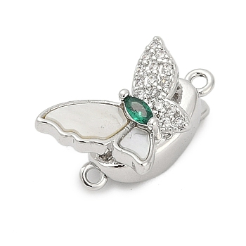 Brass Box Clasps, with Glass and Shell, Butterfly, Platinum, 11x17x10mm, Hole: 1.4mm