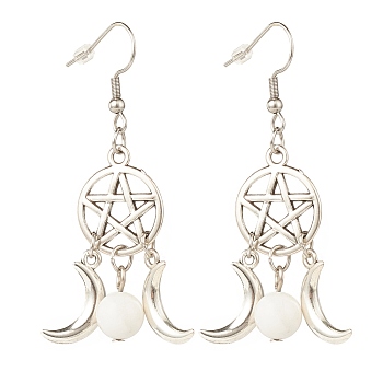 Woven Net with Natural Howlite Dangle Earrings, Alloy Moon and Star Earrings for Women, 58mm, Pin: 0.7mm