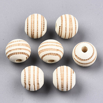Painted Natural Wood Beads, Laser Engraved Pattern, Round with Zebra-Stripe, Light Yellow, 10x8.5mm, Hole: 2.5mm