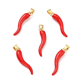 Brass Enamel Pendants, Cadmium Free & Lead Free, Horn of Plenty/Italian Horn Cornicello Charms, Long-Lasting Plated, Real 18K Gold Plated, 26.5x6.5x5.5mm, Hole: 4x3.3mm