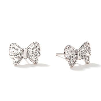 Brass Bowknot Stud Earrings, with Clear Cubic Zirconia, Silver, 8x12mm