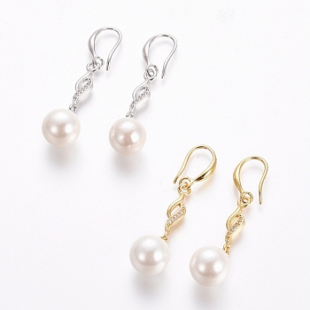 Brass Dangle Earrings, with Clear Cubic Zirconia and Shell Pearl, Long-Lasting Plated, Mixed Color, 43.5mm, Pin: 1mm