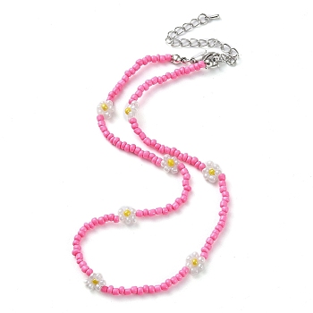 Glass Flower Beaded Necklace, Hot Pink, 15.91 inch(40.4cm)