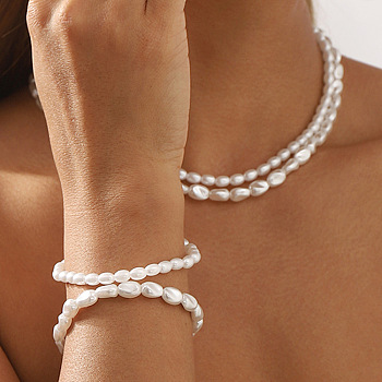 2Pcs Alloy Plastic Pearl Stretch Bracelets for Women, Oval, White, Inner Diameter: 1-7/8~2 inch inch(4.8~5.2cm)