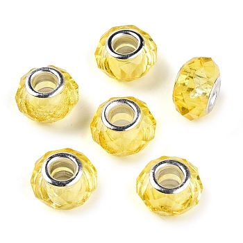 Handmade Glass European Beads, Large Hole Beads, Silver Color Brass Core, Yellow, 14x8mm, Hole: 5mm