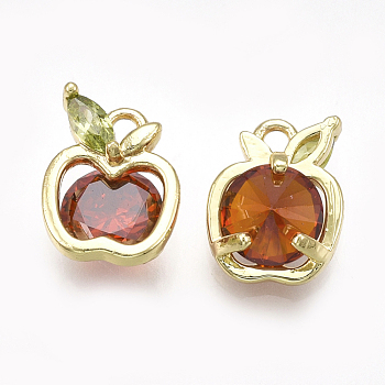 Cubic Zirconia Charms, Cadmium Free & Nickel Free & Lead Free, with Brass Findings, Apple, Red, Real 18K Gold Plated, 9.5x7.5x4mm, Hole: 1mm