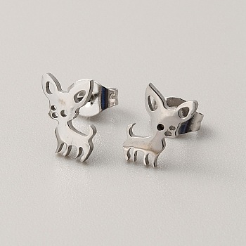 304 Stainless Steel Stud Earrings for Women, with Ear Nuts, Dog, Stainless Steel Color, 9.5x7mm, Pin: 0.6mm