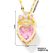 Fashionable Brass Cubic Zirconia Crown Heart-Shaped Pendant Dapped Chain Necklaces for Women, Golden, Hot Pink, 15.75 inch(40cm)(SM2288-8)