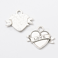 Tibetan Style Alloy Pendants, Heart with Word Love, Antique Silver, 21x25x2mm(HEAR-PW0001-056B)