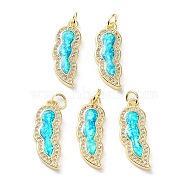 Rack Plating Brass Micro Pave Cubic Zirconia Pendants, Synthetic Opal Wing Charms with Jump Ring, Cadmium Free & Lead Free, Long-Lasting Plated, Real 18K Gold Plated, Cyan, 24x9x3mm, Hole: 3.4mm(KK-C041-18G)