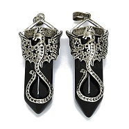 Natural Obsidian Faceted Pointed Bullet Big Pendants, Rack Plating Antique Silver Plated Alloy Dragon Charms, Cadmium Free & Lead Free, 55~58.5x22.5~23x18.5mm, Hole: 4.8x7.8mm(G-Q165-02AS-02)