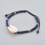 Natural Lapis Lazuli(Dyed) Braided Bead Bracelets, with Cowrie Shell, 2 inch~3-1/8 inch(5~8cm)(BJEW-JB04079-02)