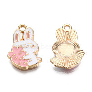 Eco-Friendly Zinc Alloy Pendants, with Enamel, Cadmium Free & Nickel Free & Lead Free, Rabbit with Carrot, Light Gold, Pink, 21x13x2mm, Hole: 2mm(FIND-N048-58D-NR)