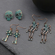 Punk Rock Style Halloween Alloy Earrings Sets, Skull & Human Skeleton & Skeleton Key, Green Patina, Red Copper, 20x16mm, 40x13mm, 59x15mm, 3pairs/set(EJEW-F238-27)