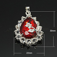 Glass Pendants, with Brass Finding, Teardrop, Platinum, Red, about 30mm long, 20mm wide, 11mm thick, hole: 3.5x3mm(GLAA-H014-01)