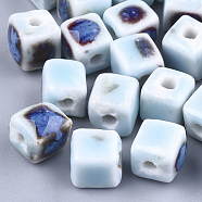 Handmade Porcelain Beads, Fancy Antique Glazed Porcelain, Cube, Light Sky Blue, 8x7.5~8x7.5~8mm, Hole: 1.5~2mm(PORC-S498-37G)