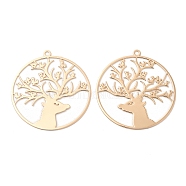 Long-Lasting Plated Brass Filigree Pendants, Flat Round with Deer Charm, Light Gold, 41x38x0.3mm, Hole: 2mm(KK-K336-27KCG)