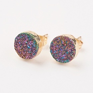Electroplate Natural Druzy Agate Stud Earrings, with Brass Findings, Round, Golden, 8x3~3.5mm, Pin: 0.8mm(EJEW-F128-05G)